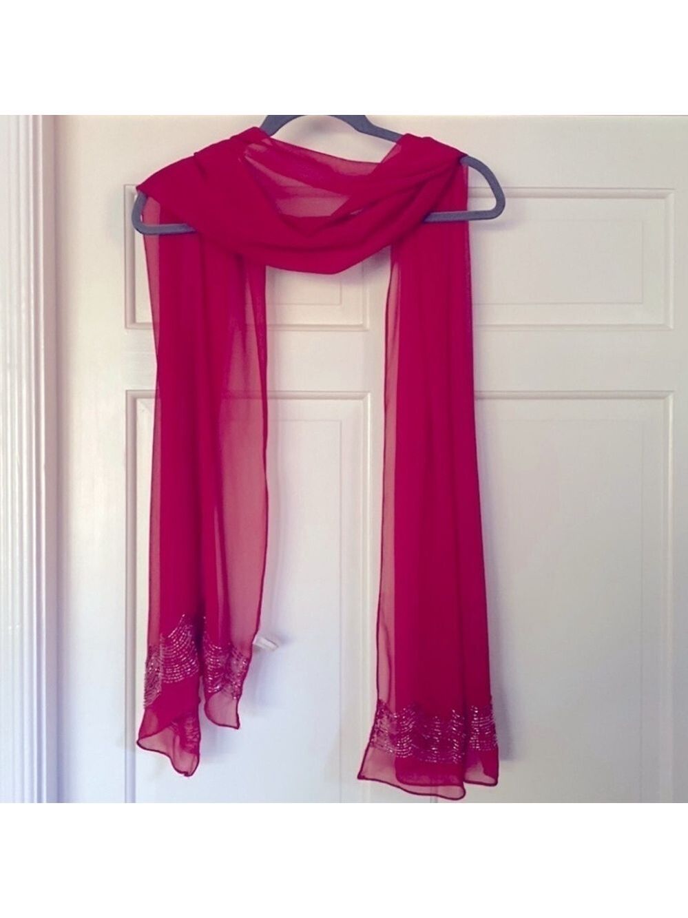 Red Chiffon Scarf Hand Sewn Beading Iridescent Scalloped Formal Scarf Sa